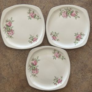 PADEN CITY Pottery Square Salad Plates Mid Century Rose Floral Gold Trim set 3